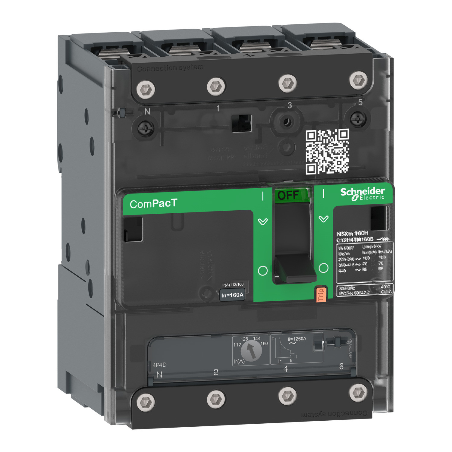 C12H4TM160B-ISO_1500-5.jpg Schneider C12E6TM160B | Circuit breaker, ComPacT NSXm 160E, 16kA/415VAC, 4 poles 3D (neutral not protected), TMD trip unit 160A, lugs/busbars