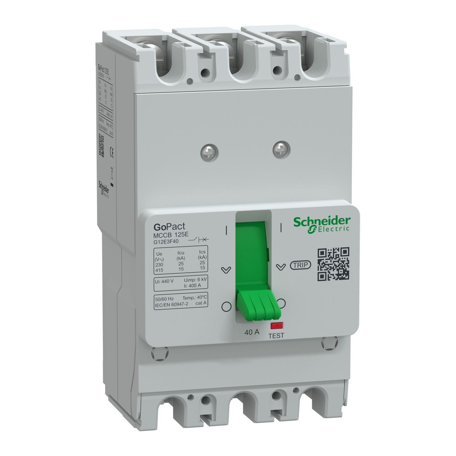 G12E3F40.jpg Schneider G12E3F40 | Circuit breaker, GoPact MCCB 125, 3 poles, 15kA at 415VAC, 40A rating, TMD trip unit, fixed thermal protection