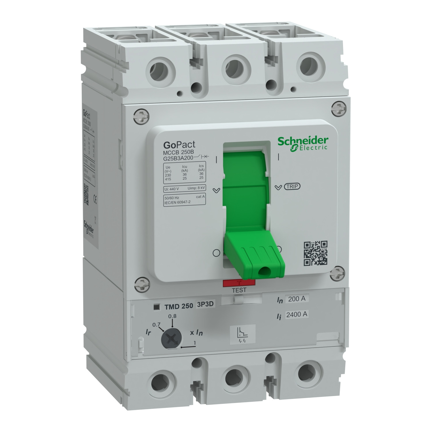 G25B3A200_Image_AI-improved_2024_1500.jpg Schneider G25B3A200 | Circuit breaker, GoPact MCCB 250, 3 poles, 25kA at 415VAC, 200A rating, TMD trip unit, adjustable thermal protection