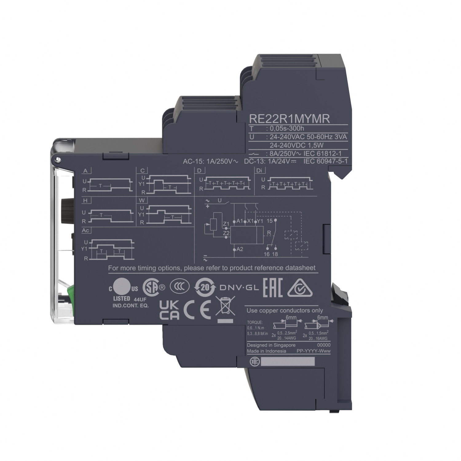 RE22R1MYMR-5.jpg Schneider RE22R1MYMR | Modular timing relay, 8 A, 0.05 s…300 h, 1 CO, multi-function, 24…240 V AC/DC