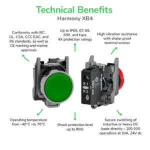 Schneider XB4BV63  Harmony | Pilot light, Harmony XB4, metal, green, 22mm, plain lens with BA9s bulb, lt 250V
