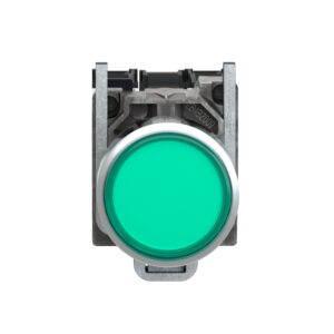 Schneider XB4BW3365 Harmony | Illuminated push button, metal, flush, green, Ø22, spring return, <= 250 V, 1 NO + 1 NC