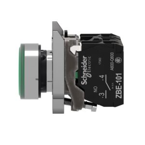 Schneider XB4BW33M5 | Illuminated push button, metal, flush, green, Ø22, spring return, 230…240 V AC, 1 NO + 1 NC
