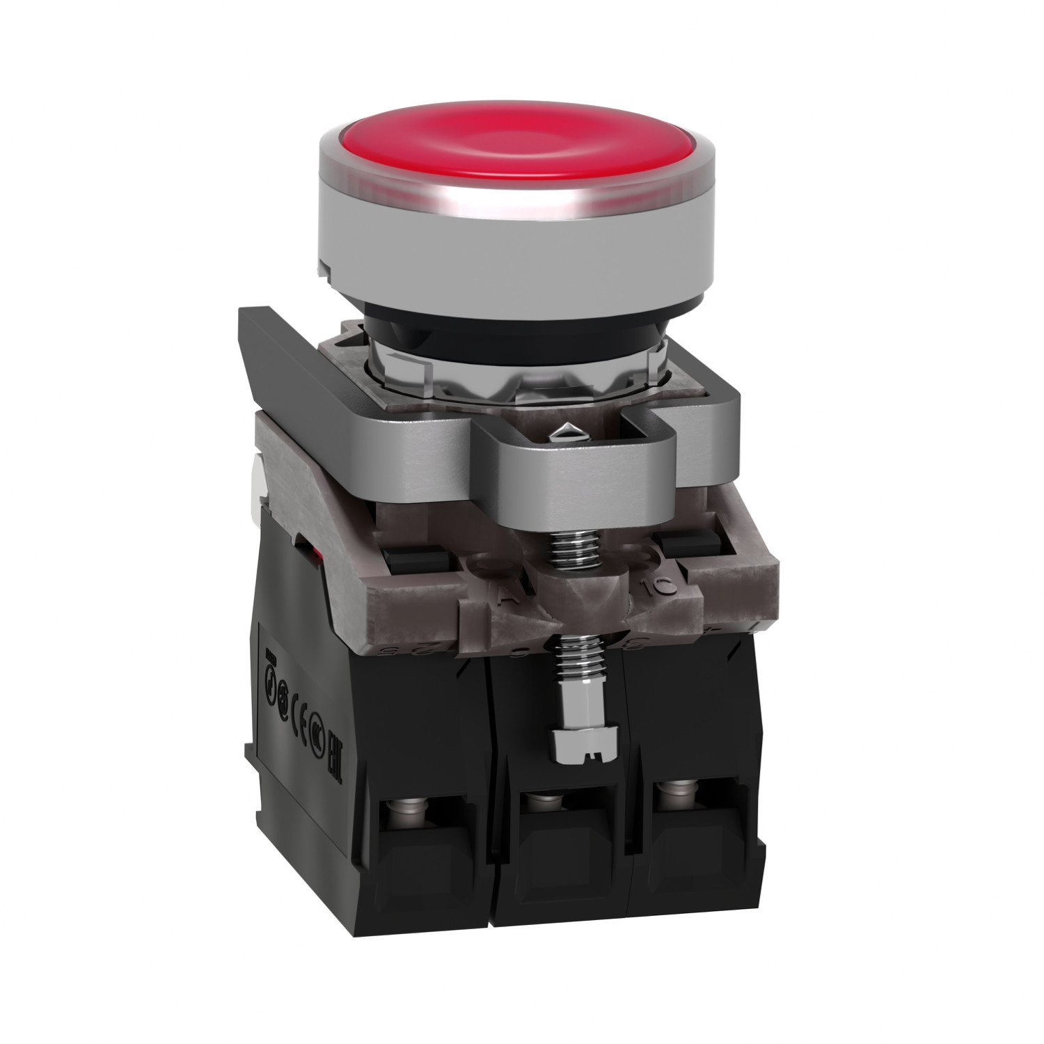 XB4BW34B5-5.jpg Schneider XB4BW34B5 | Illuminated push button, metal, flush, red, Ø22, spring return, 1 NO + 1 NC 24 V AC/DC