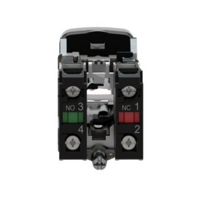 Schneider XB4BW73731M5 Harmony | Illuminated double-headed push button, metal, Ø22, 1 green flush I + 1 pilot light + 1 red projecting O, 240 V AC, 1 NO + 1 NC